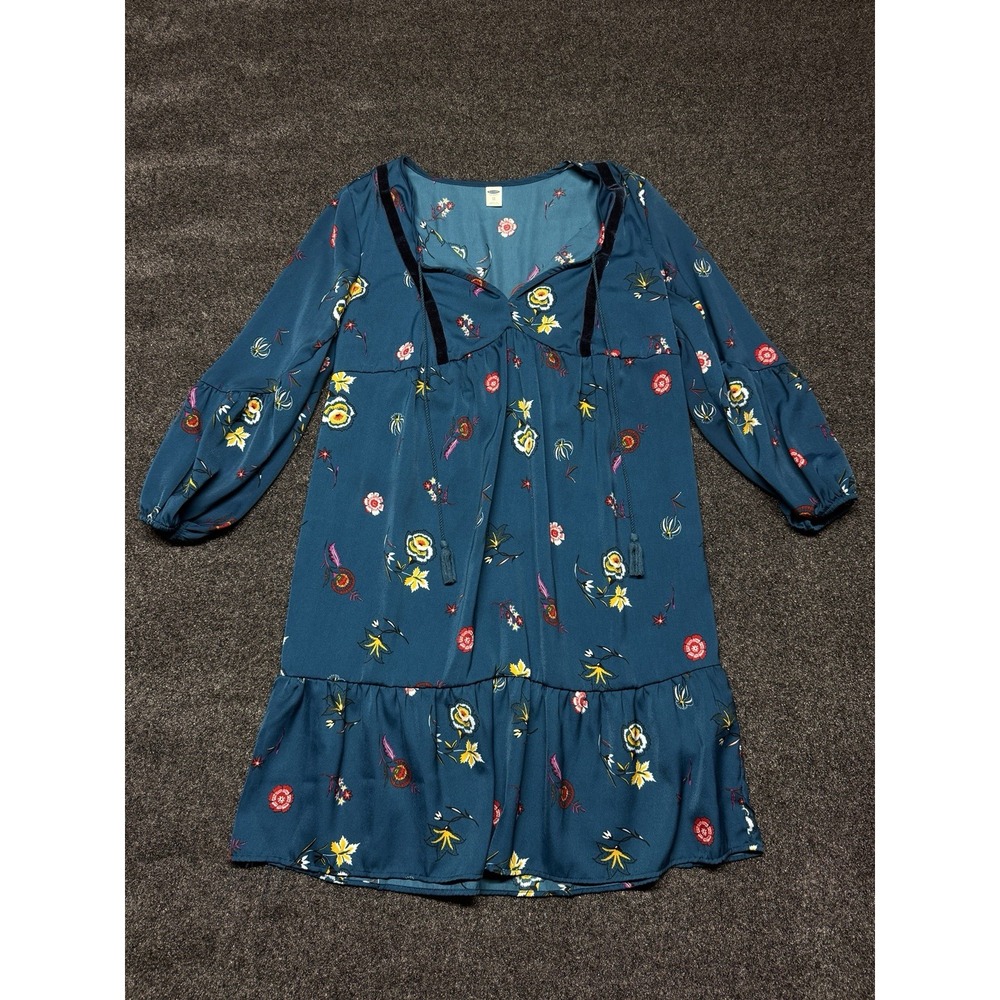 Old Navy Womens Velvet-trim Swing Dress Size XS Teal Floral 100% Polyester